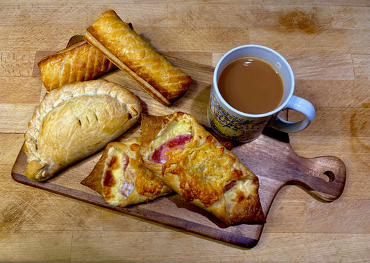 Family Pack! your choice of 6 Frozen un-baked Pasties 6 Sausage rolls and 6 Bacon Puffs